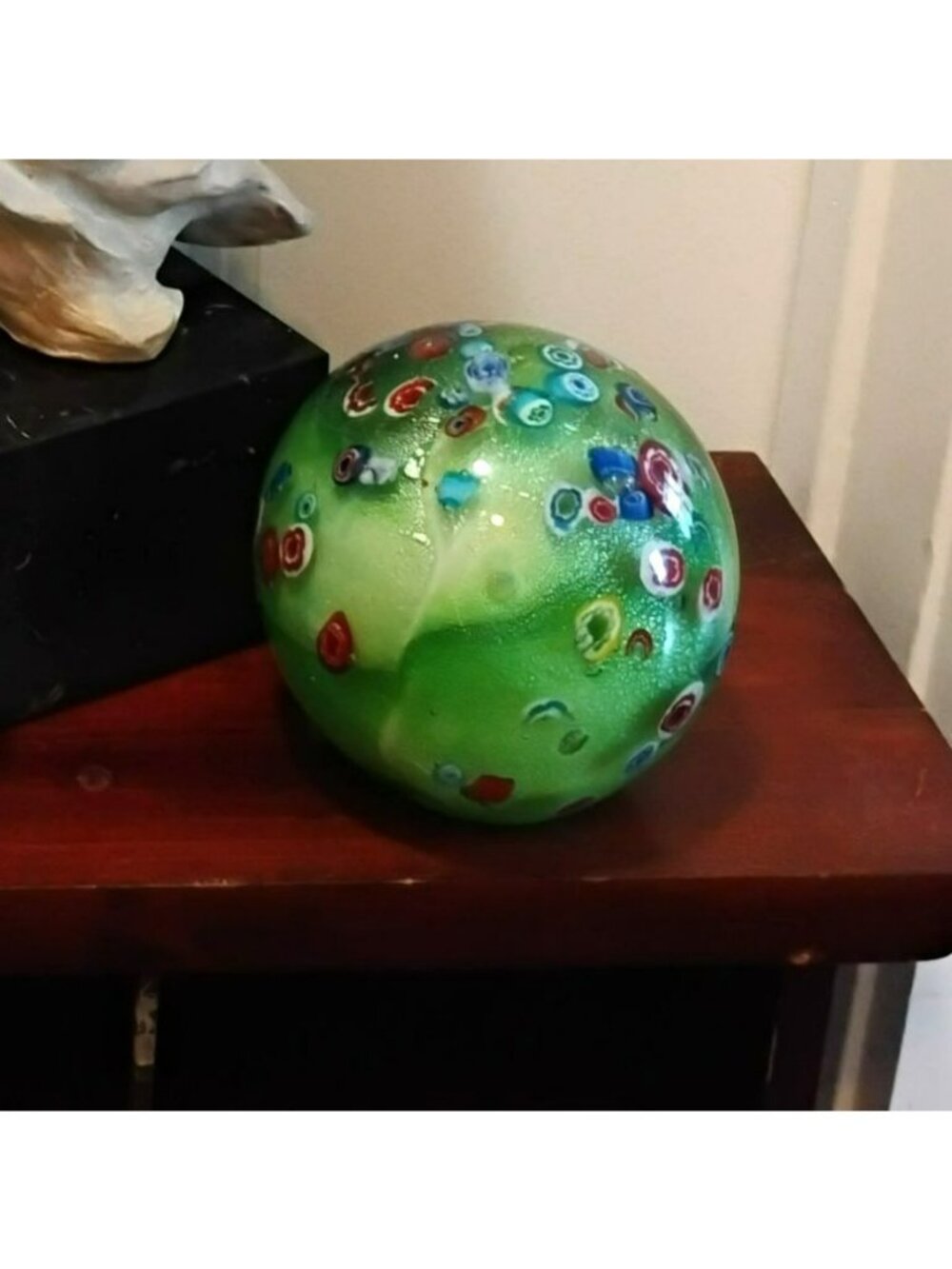 Vintage Murano Style Millefiori Art Glass Paperweight Sphere Large 5" Green Orb - Picture 2 of 3